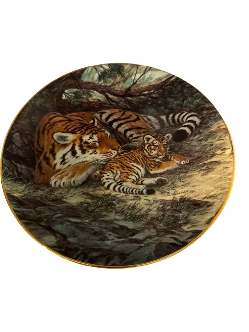 Vintage 90s Siberian Tiger Art Plate Will Nelson Collector Gold Trim Endangered
